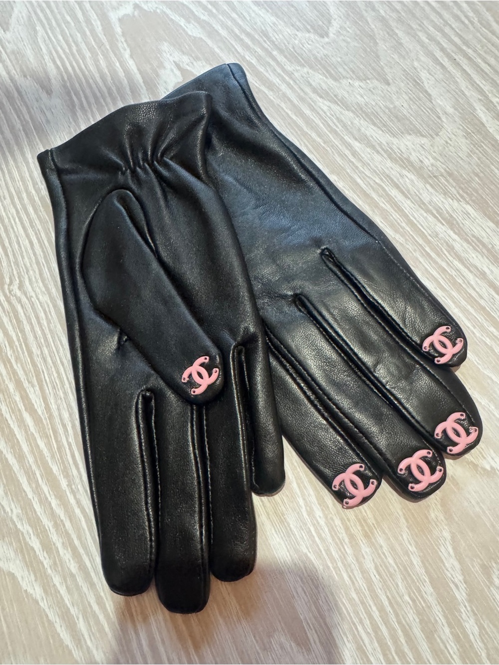 CHANEL Black Leather Gloves with Pink CC Accents